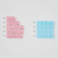 Two rectangular containers, one pink and one blue, with labeled sections on a gray background.