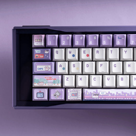 cyber kitty arcade keycaps on magnetic switch keyboard transparent pc foggy purple rgb glow retro cat 2025