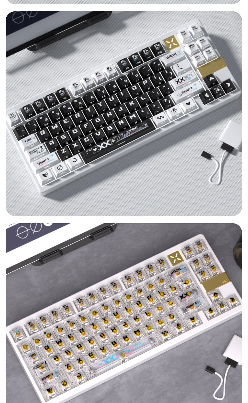 White Printstream keycaps on hot-swappable mechanical keyboard