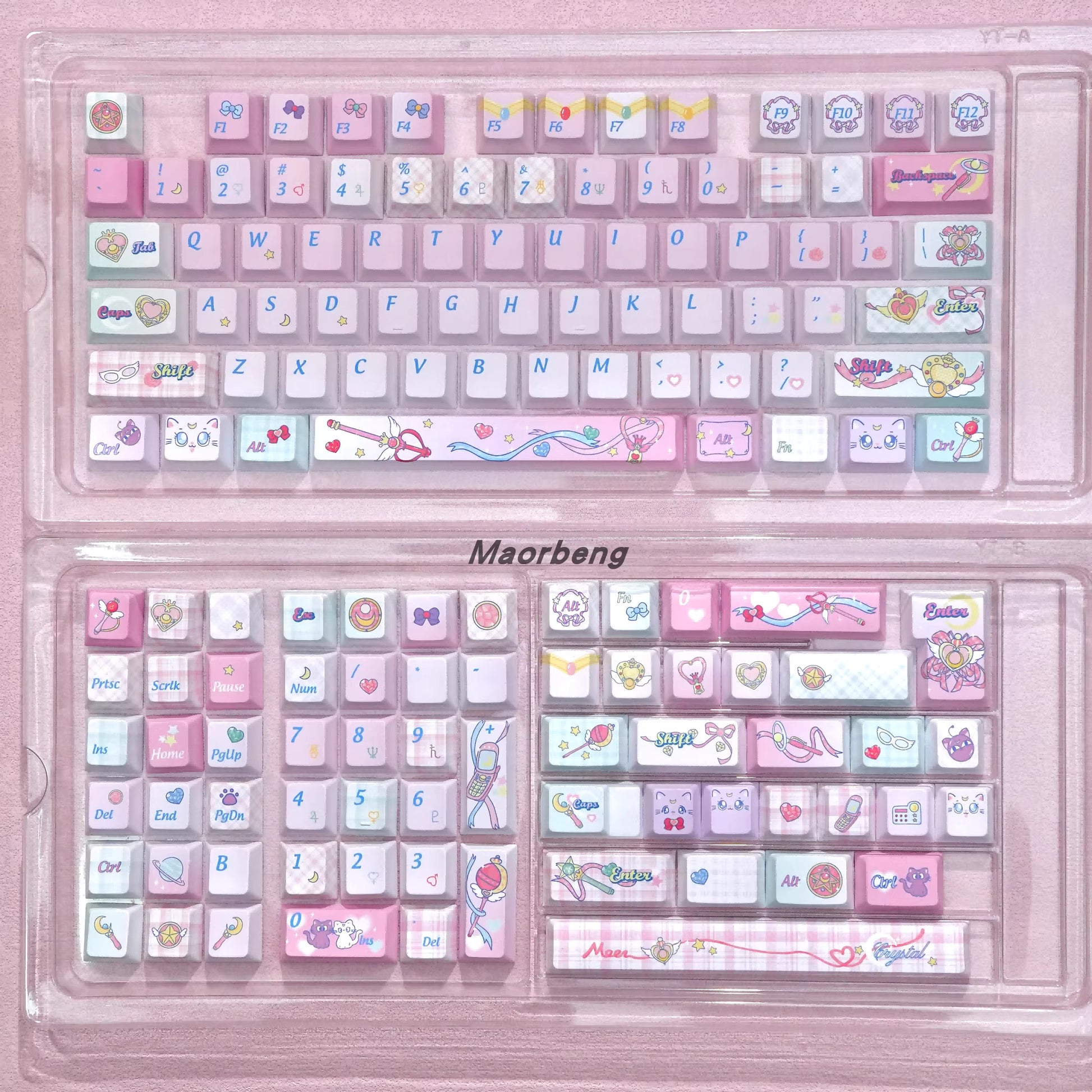 sailor moon crystal keycaps on 75% mechanical keyboard transparent pc mao profile rgb glow pastel pink setup 2025