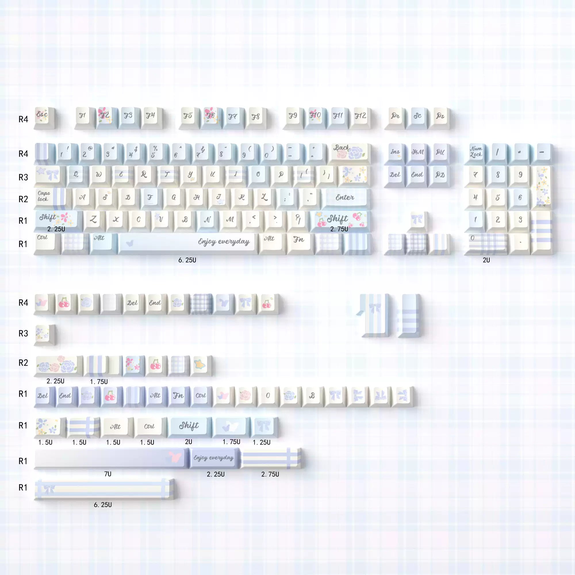 Grid Garden Keycaps Set – Blue & Pink Gingham Floral PBT Dye-Sub, OEM/MOA Profile