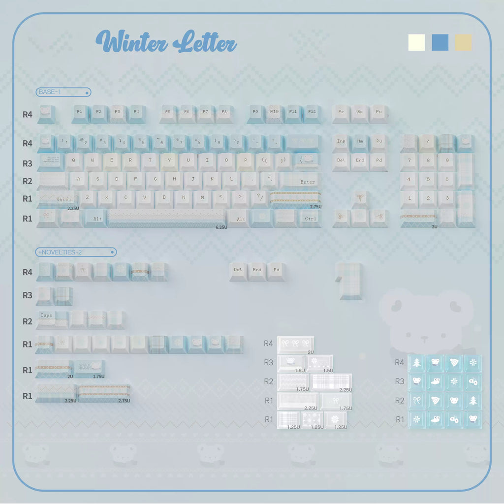Winter Letter Keycaps Set – Blue & Cream Snow Bear PBT Dye-Sub, Shine-Through & Crystal Jelly