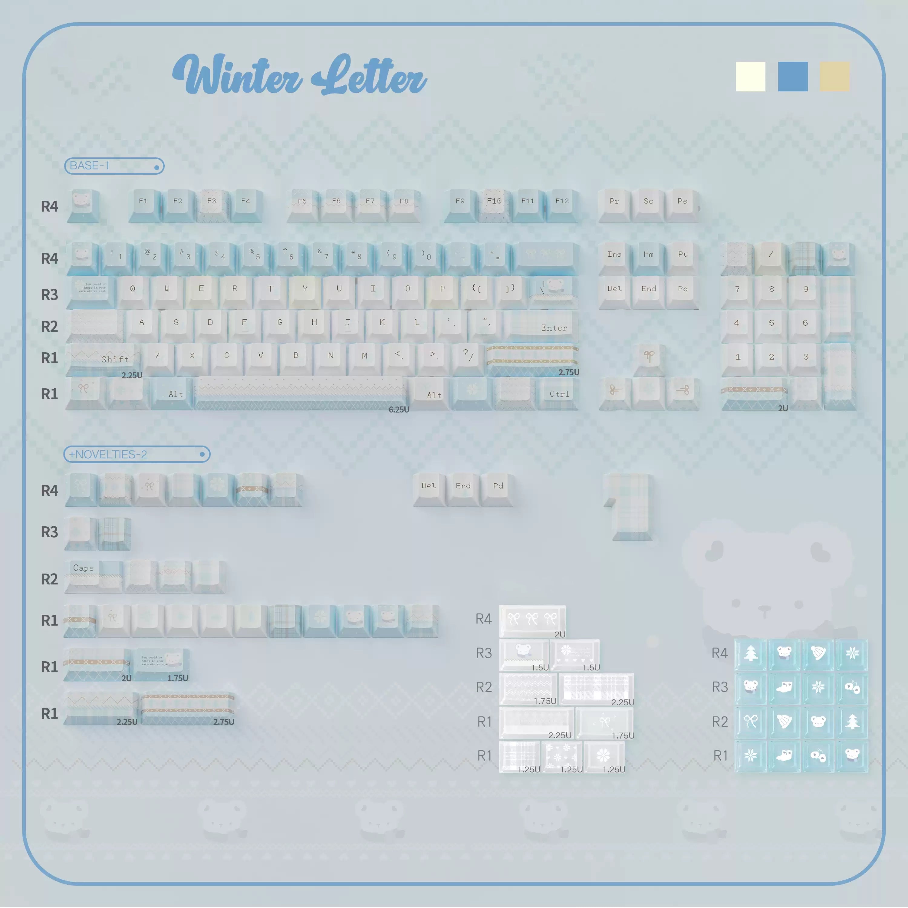 Winter Letter Keycaps Set – Blue & Cream Snow Bear PBT Dye-Sub, Shine-Through & Crystal Jelly