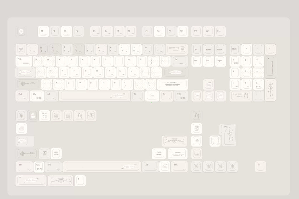 A minimalist, light gray keyboard keycap set with a modern, rounded aesthetic. The keycaps feature subtle, low-contrast text and symbols, blending seamlessly into the pale gray background.