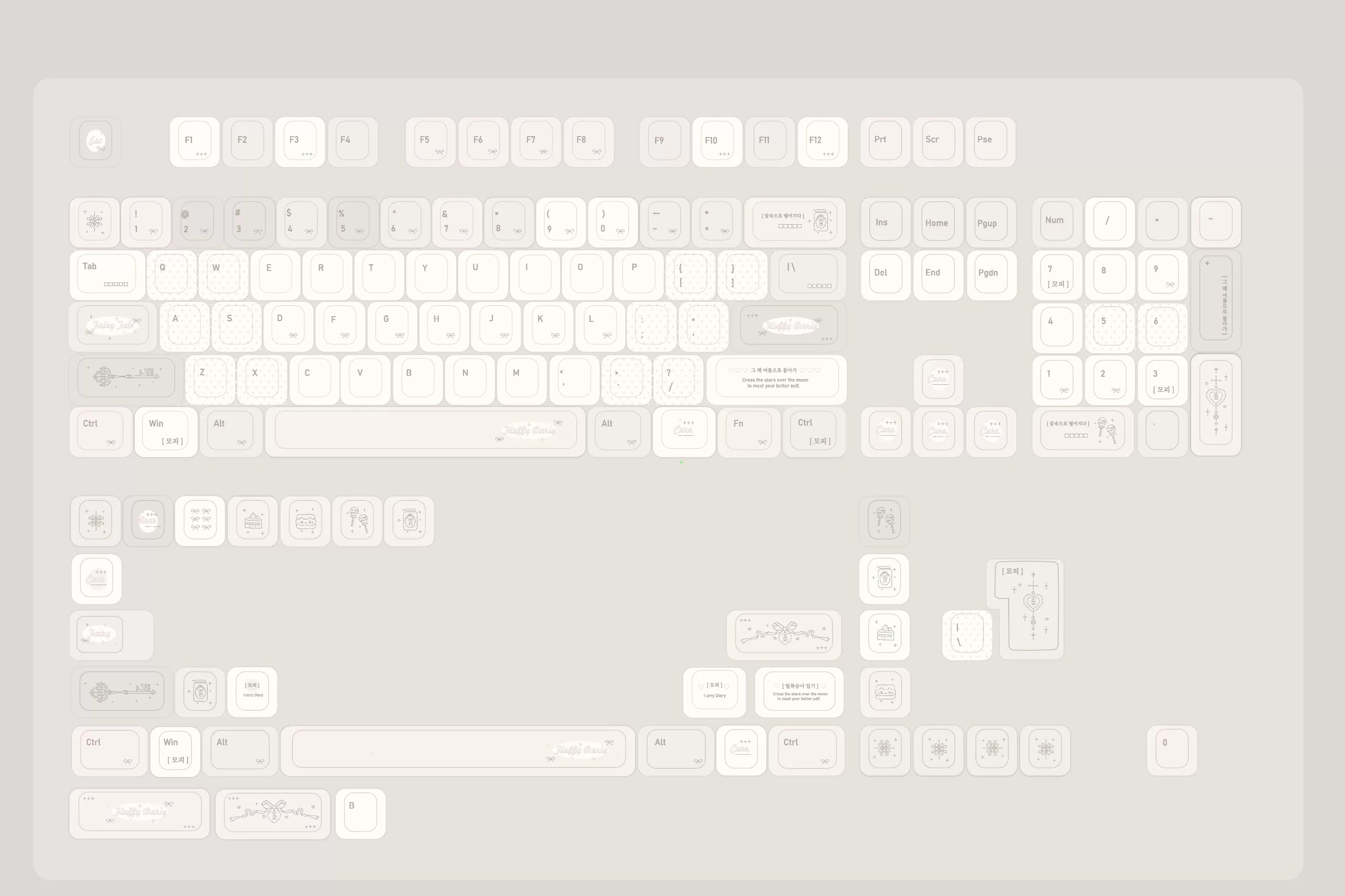 A minimalist, light gray keyboard keycap set with a modern, rounded aesthetic. The keycaps feature subtle, low-contrast text and symbols, blending seamlessly into the pale gray background.