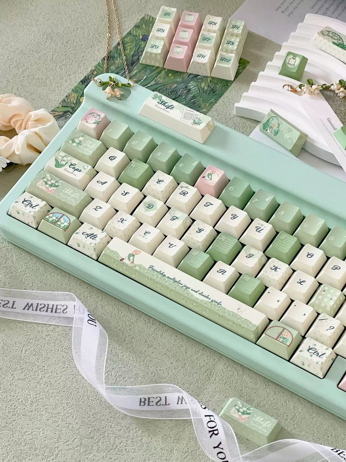 Lily of the Valley Keycap Set | Pastoral Sage Green PBT Cherry Profile Keycaps | 131 Keys