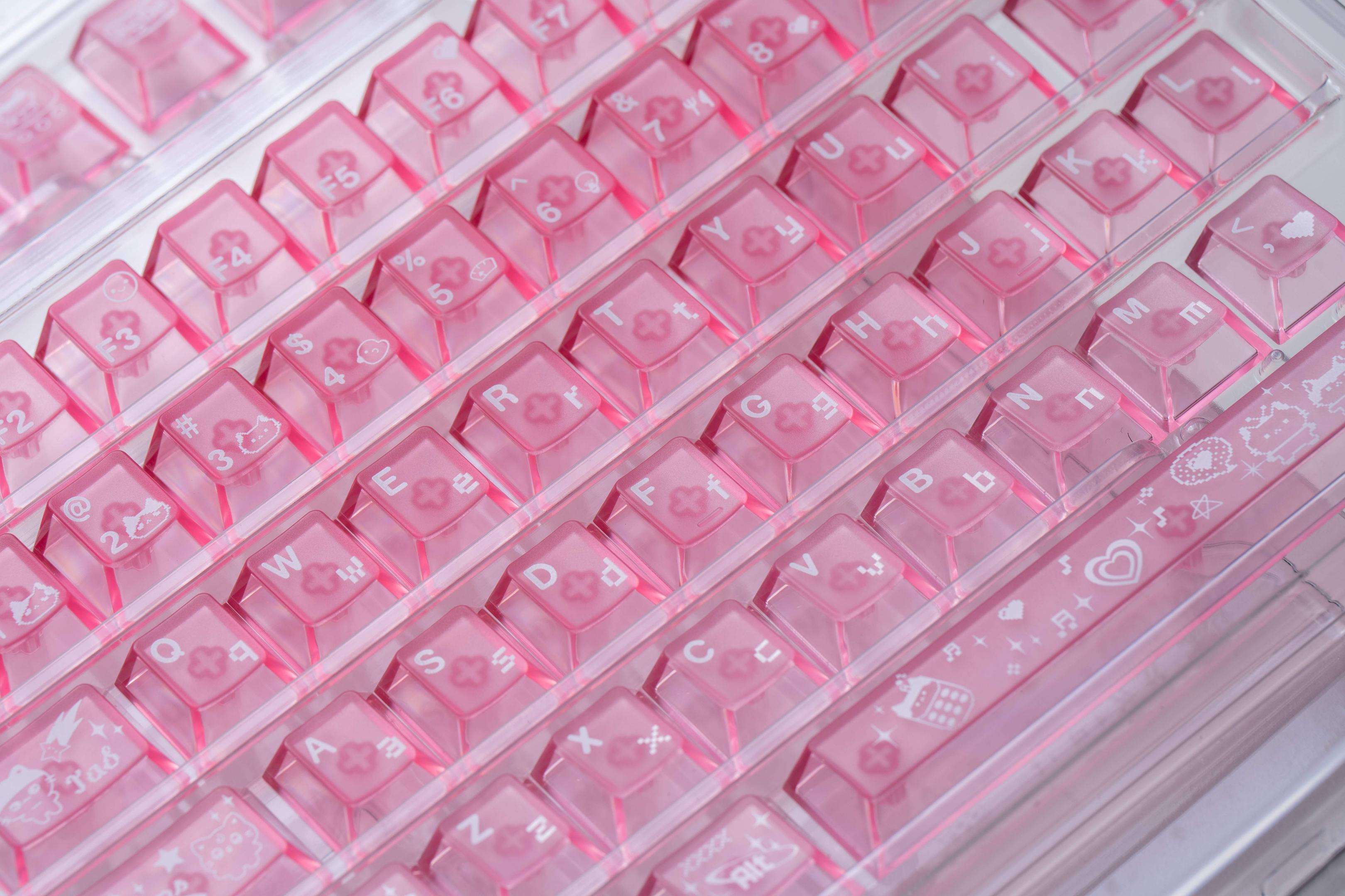 electronic meow meow pc keycaps pink transparent foggy 1.7mm rgb glow cyber cat keyboard setup 2025