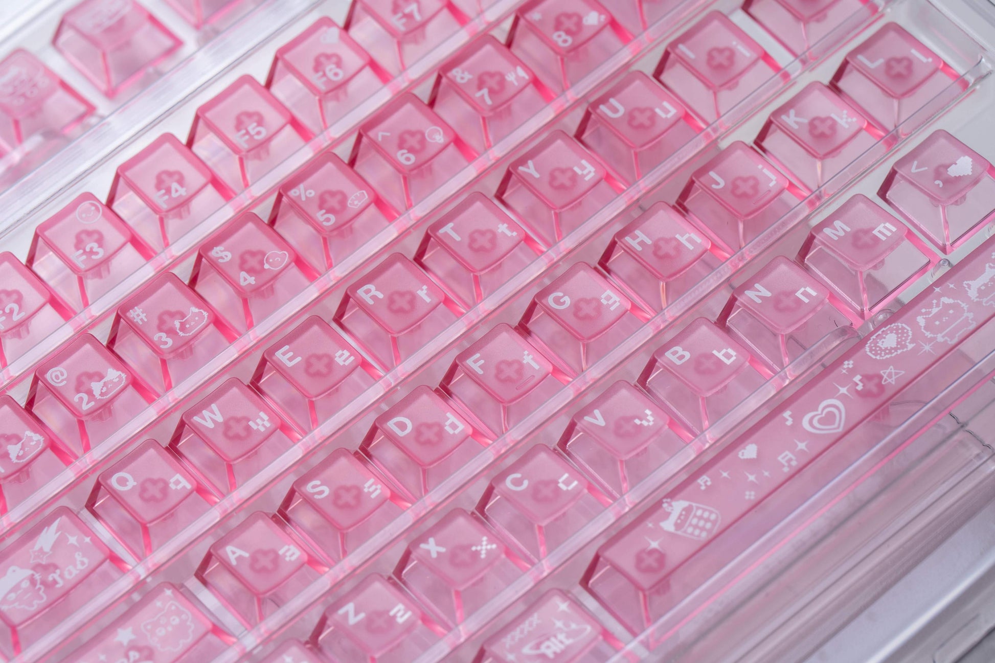 electronic meow meow pc keycaps pink transparent foggy 1.7mm rgb glow cyber cat keyboard setup 2025