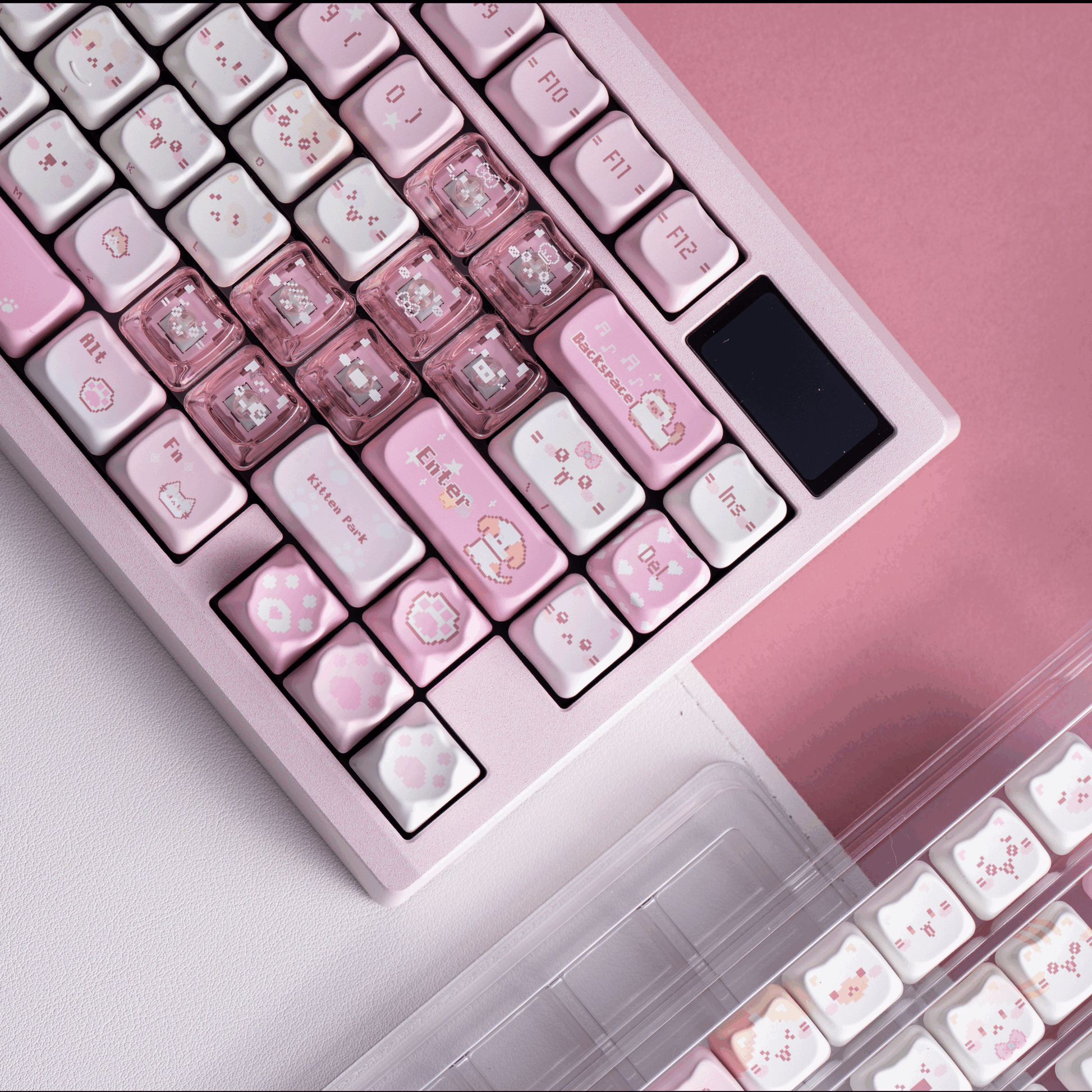 pixel meow meow keycaps on mechanical keyboard transparent pc foggy rgb glow kawaii pixel cat setup 2025