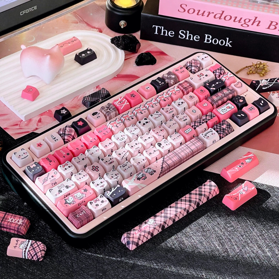 Black Pink Yabi Keycaps Set – MAO / OEM Profile | Cute Cat Mechanical Keyboard Keycaps | Cross-Stem PBT Keycaps for Custom Keyboards