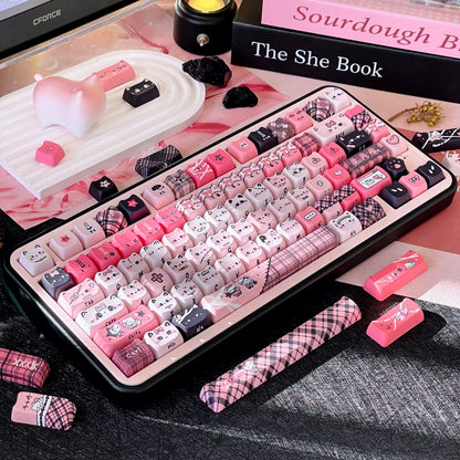 Black Pink Yabi Keycaps Set – MAO / OEM Profile | Cute Cat Mechanical Keyboard Keycaps | Cross-Stem PBT Keycaps for Custom Keyboards