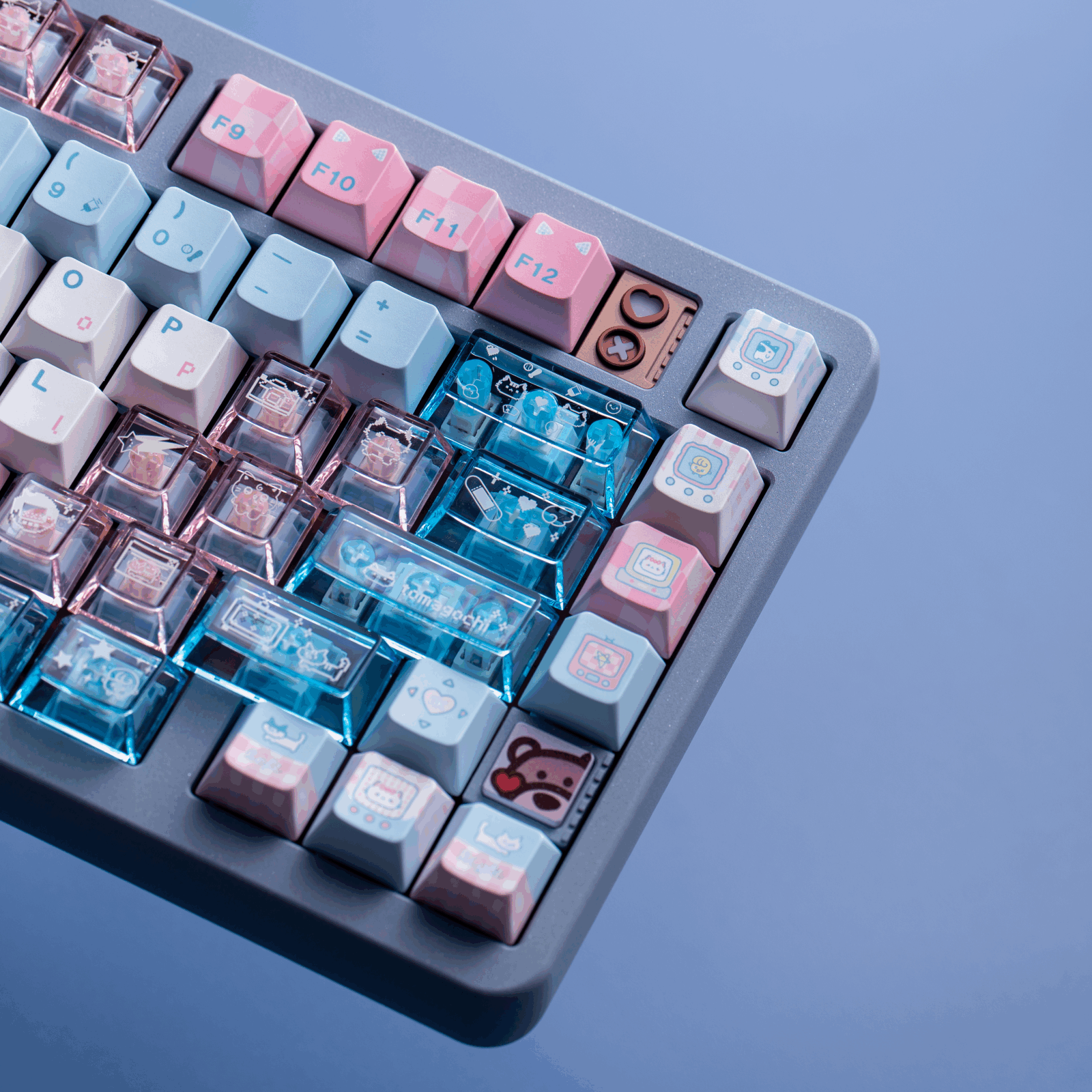 electronic meow meow transparent pc foggy keycaps dye-sub legends closeup rgb shine through cyber cat 2025