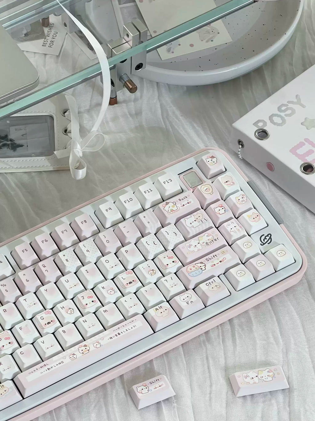 Pink Bunny Chef Keycap Set | Cute Pastel Pink PBT Cherry Profile Keycaps | 131 Keys