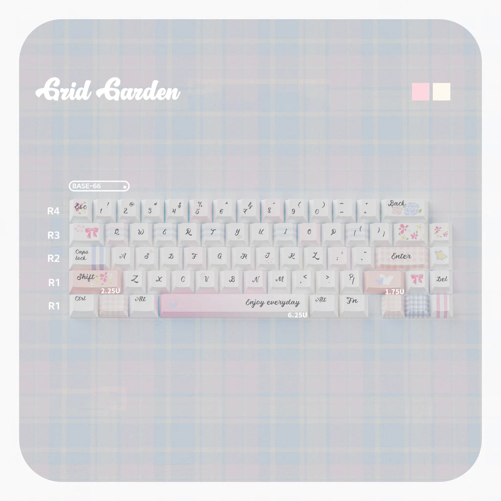 Grid Garden Keycaps Set – Blue & Pink Gingham Floral PBT Dye-Sub, OEM/MOA Profile