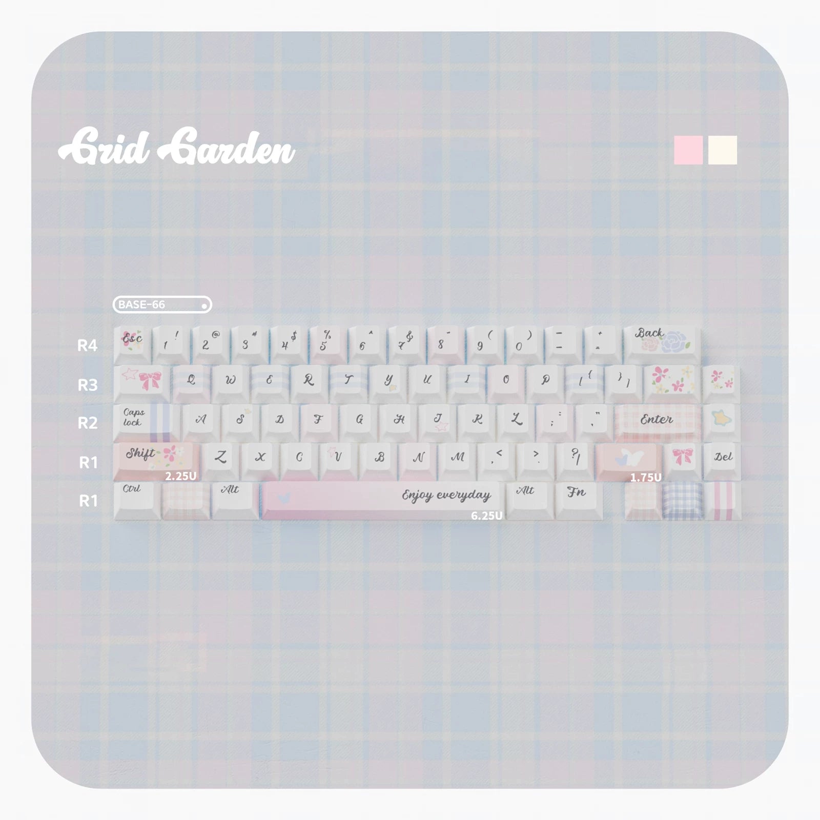 Grid Garden Keycaps Set – Blue & Pink Gingham Floral PBT Dye-Sub, OEM/MOA Profile