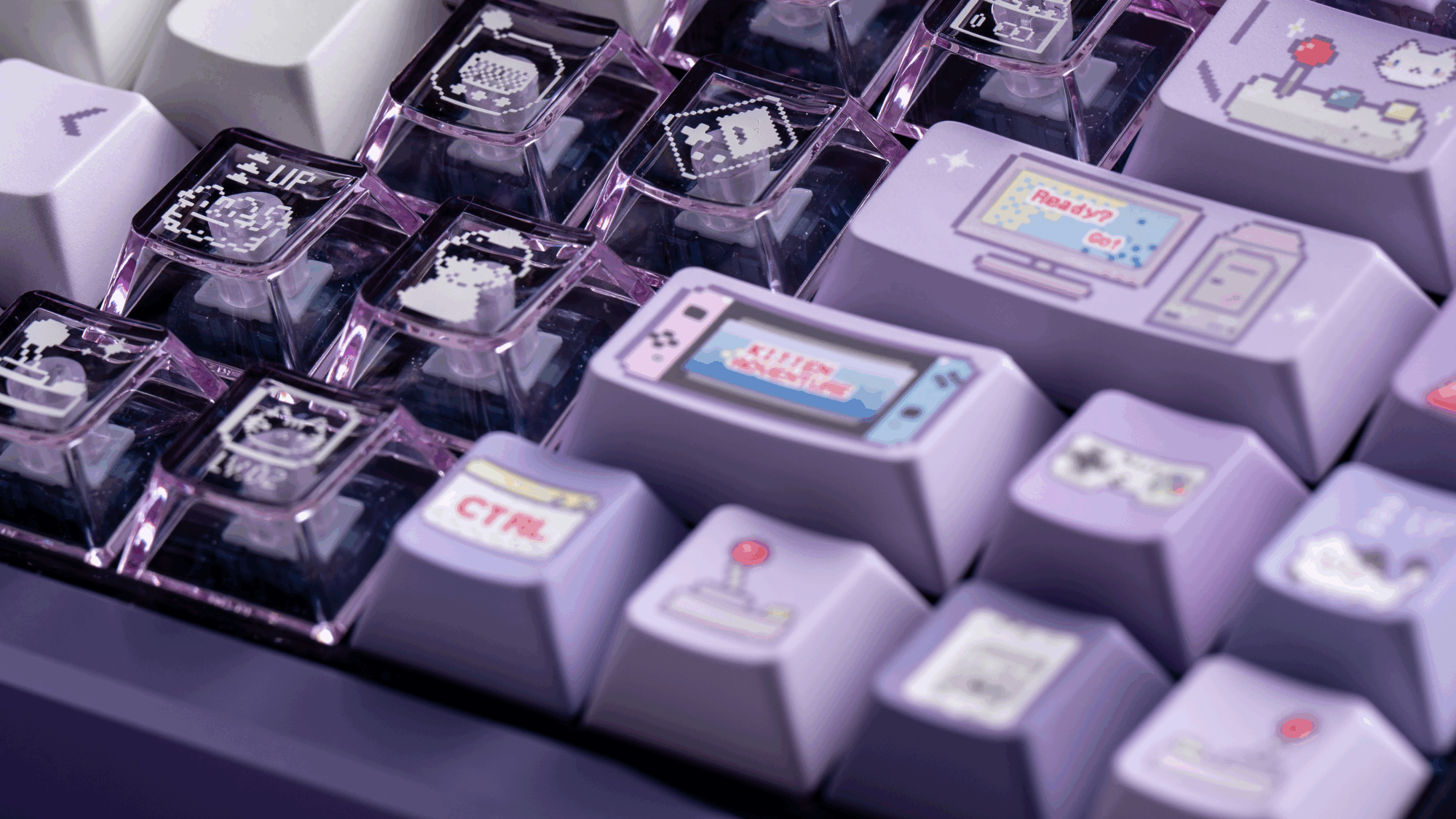 cyber kitty arcade keycaps 2025 pbt pc transparent foggy purple dye-sub full set retro gaming cat magnetic switch