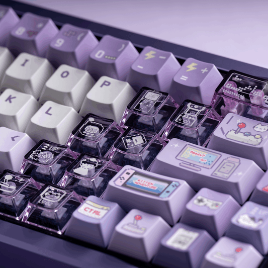 cyber kitty arcade keycaps 2025 pbt pc transparent foggy purple dye-sub full set retro gaming cat magnetic switch