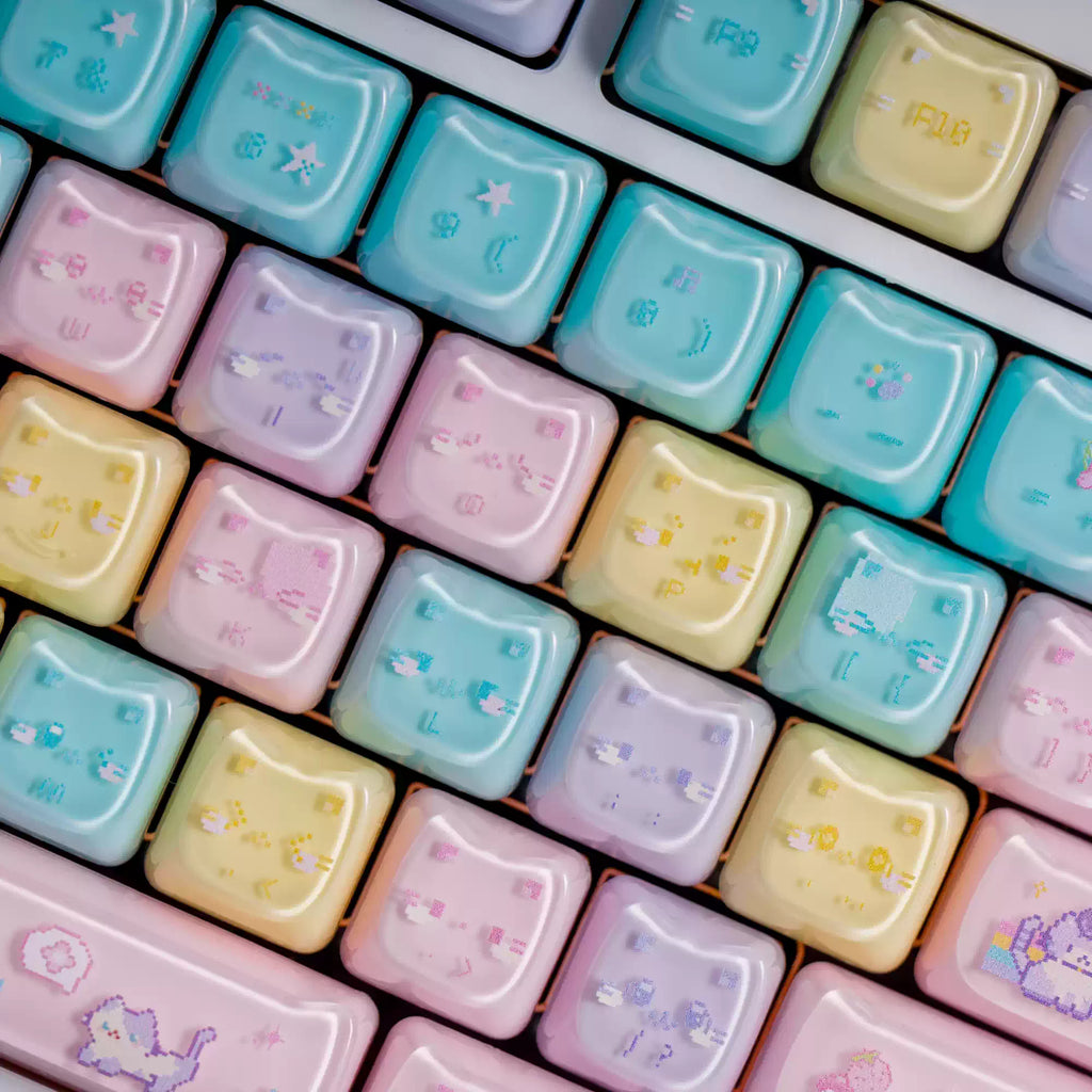 Macaron Meow Cat-Ear Keycaps – PC Transparent MAO Profile, 134 Keys