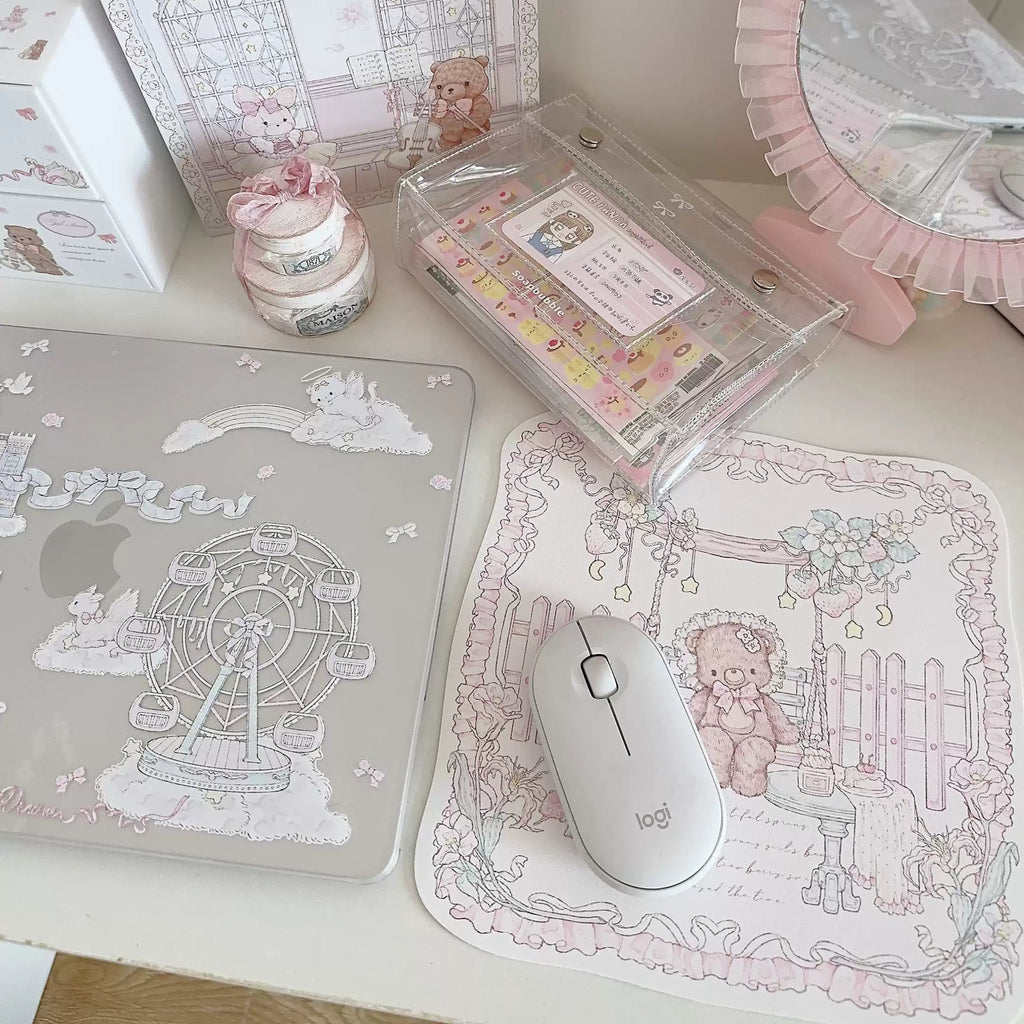 Strawberry Tea Party Desk Mat | Kawaii Lace Mouse Pad PU Leather Waterproof Extra Large Desk Pad for Office & Home