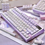raccoon troop keycaps on 75% mechanical keyboard mao profile 5-side dye-sub rgb glow lavender setup 2025