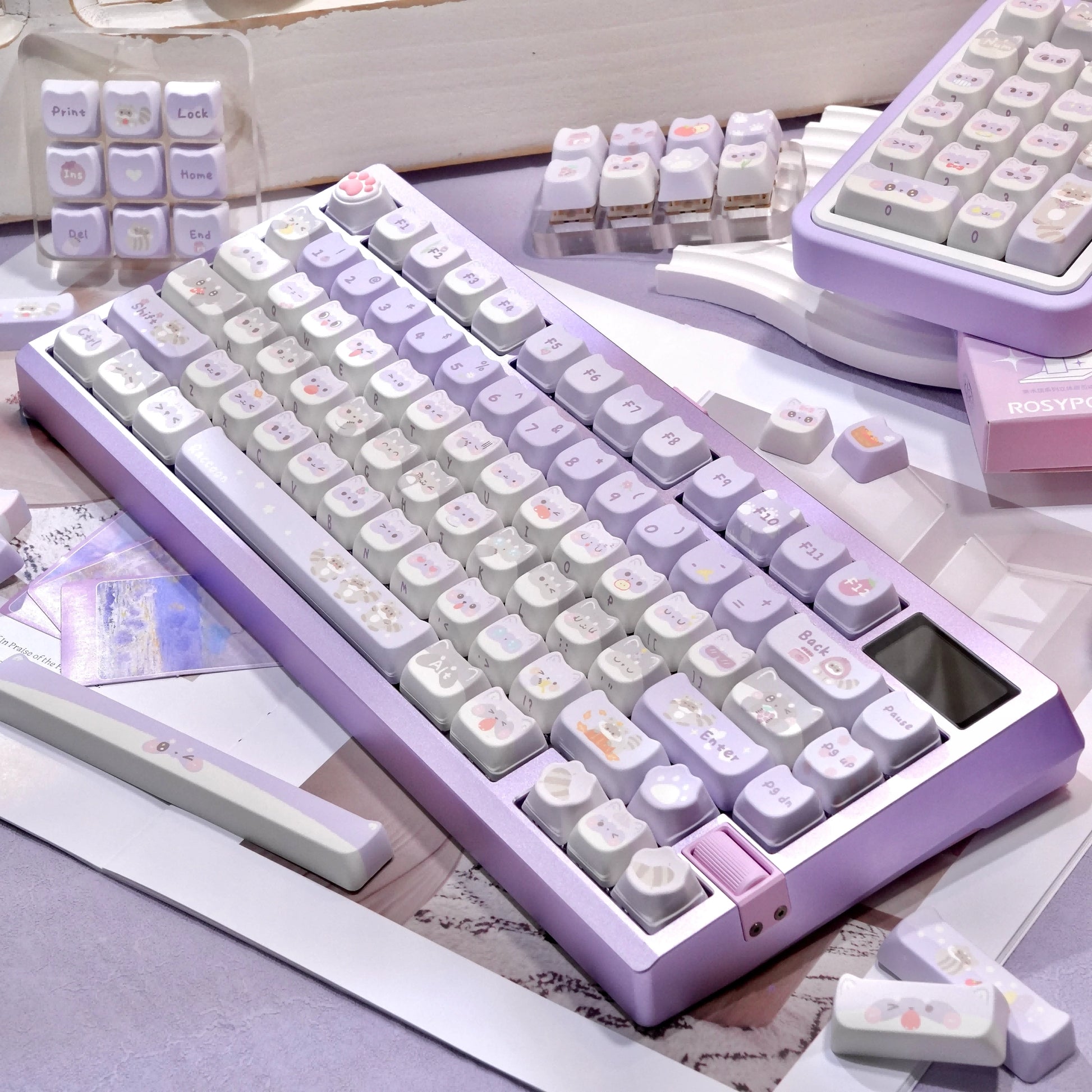 raccoon troop keycaps on 75% mechanical keyboard mao profile 5-side dye-sub rgb glow lavender setup 2025