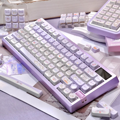 raccoon troop keycaps on 75% mechanical keyboard mao profile 5-side dye-sub rgb glow lavender setup 2025