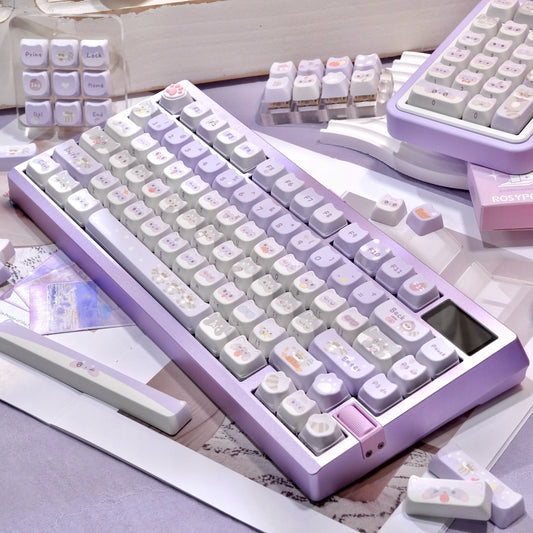 raccoon troop keycaps on 75% mechanical keyboard mao profile 5-side dye-sub rgb glow lavender setup 2025