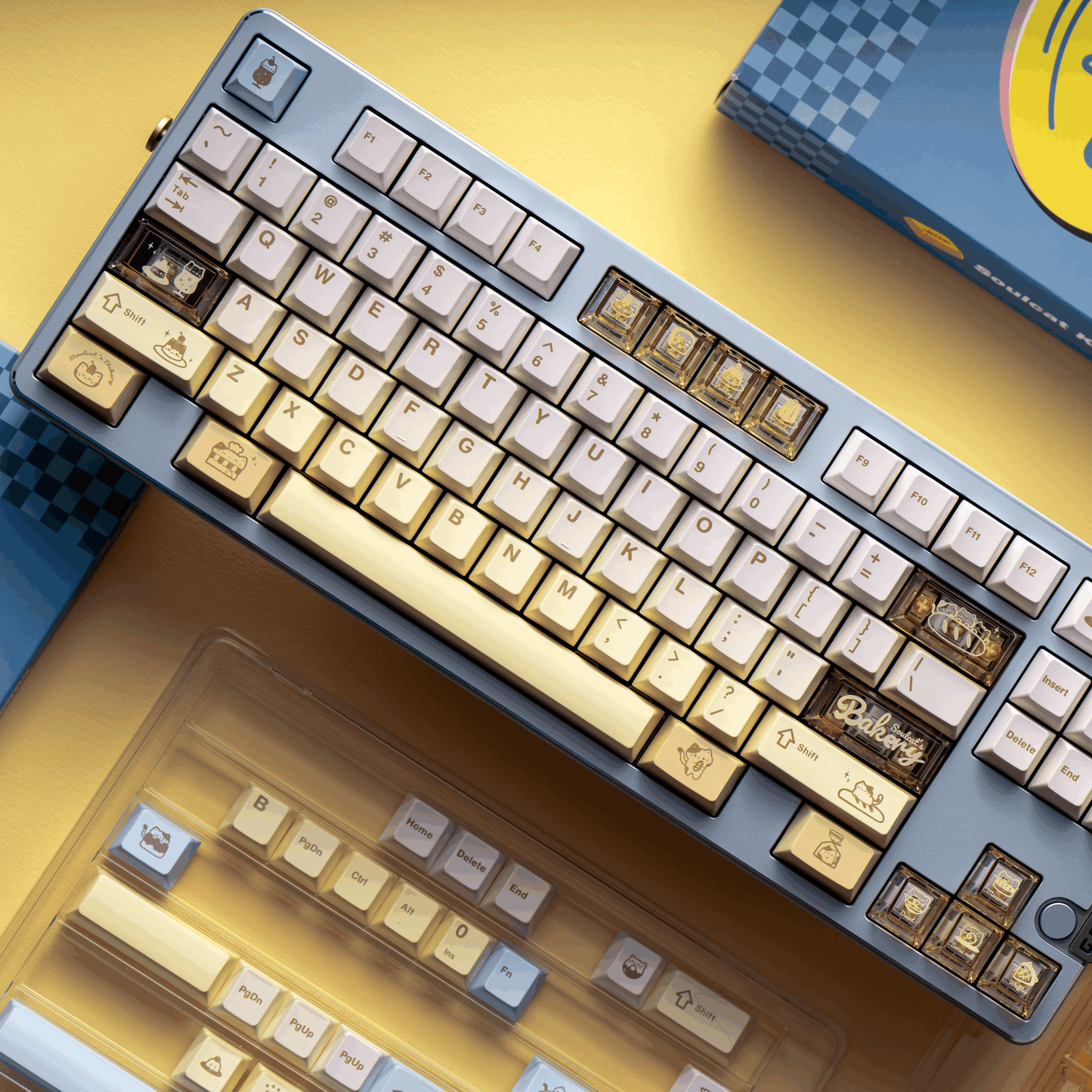 kawaii cozy desk setup soulcats bakery keycaps cloud puff wrist rest latte aesthetic baking cat 2025