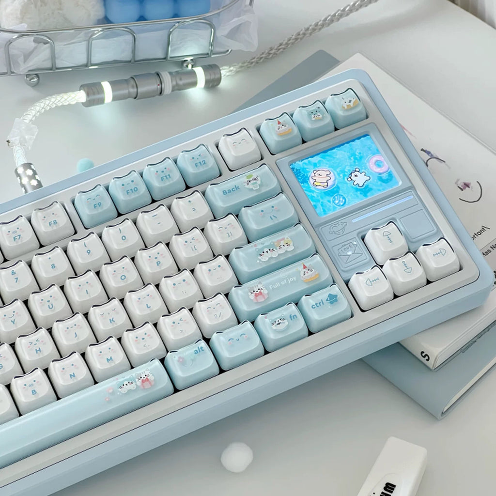 Jelly Cat Paradise Keycap Set – Pastel Blue & White ABS+PC Double-Shot Cute Kitty Keycaps (119 Keys, MAO Profile)