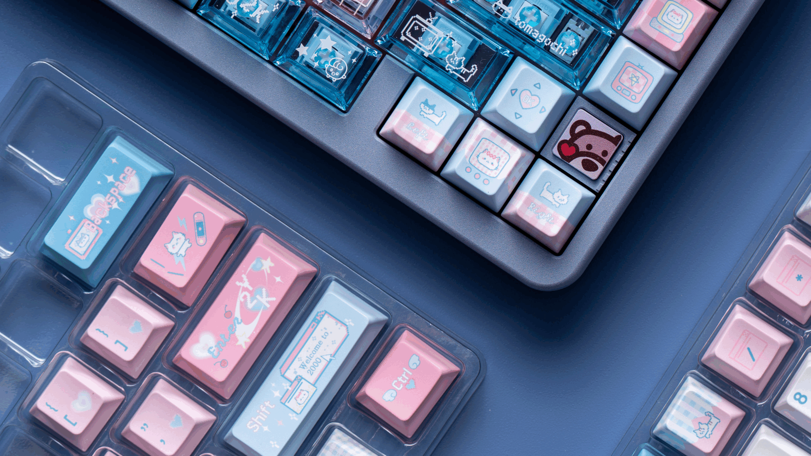 electronic meow meow transparent pc foggy keycaps dye-sub legends closeup rgb shine through cyber cat 2025