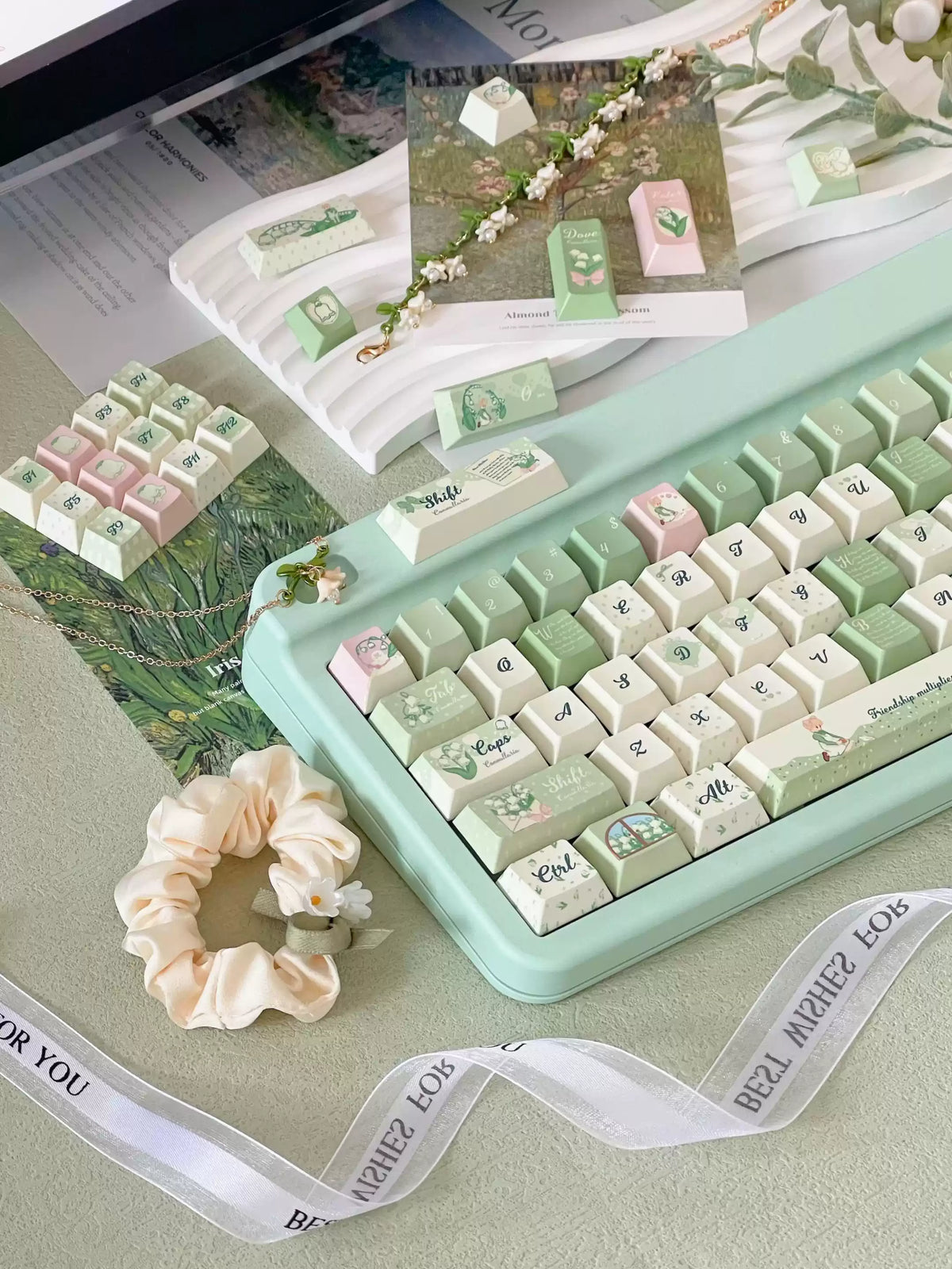 Lily of the Valley Keycap Set | Pastoral Sage Green PBT Cherry Profile Keycaps | 131 Keys