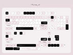 A flat-lay digital mockup of a custom mechanical keyboard keycap set. The keycaps feature a minimalist design with black, white, and pale pink colors, arranged on a matching pale pink background card.