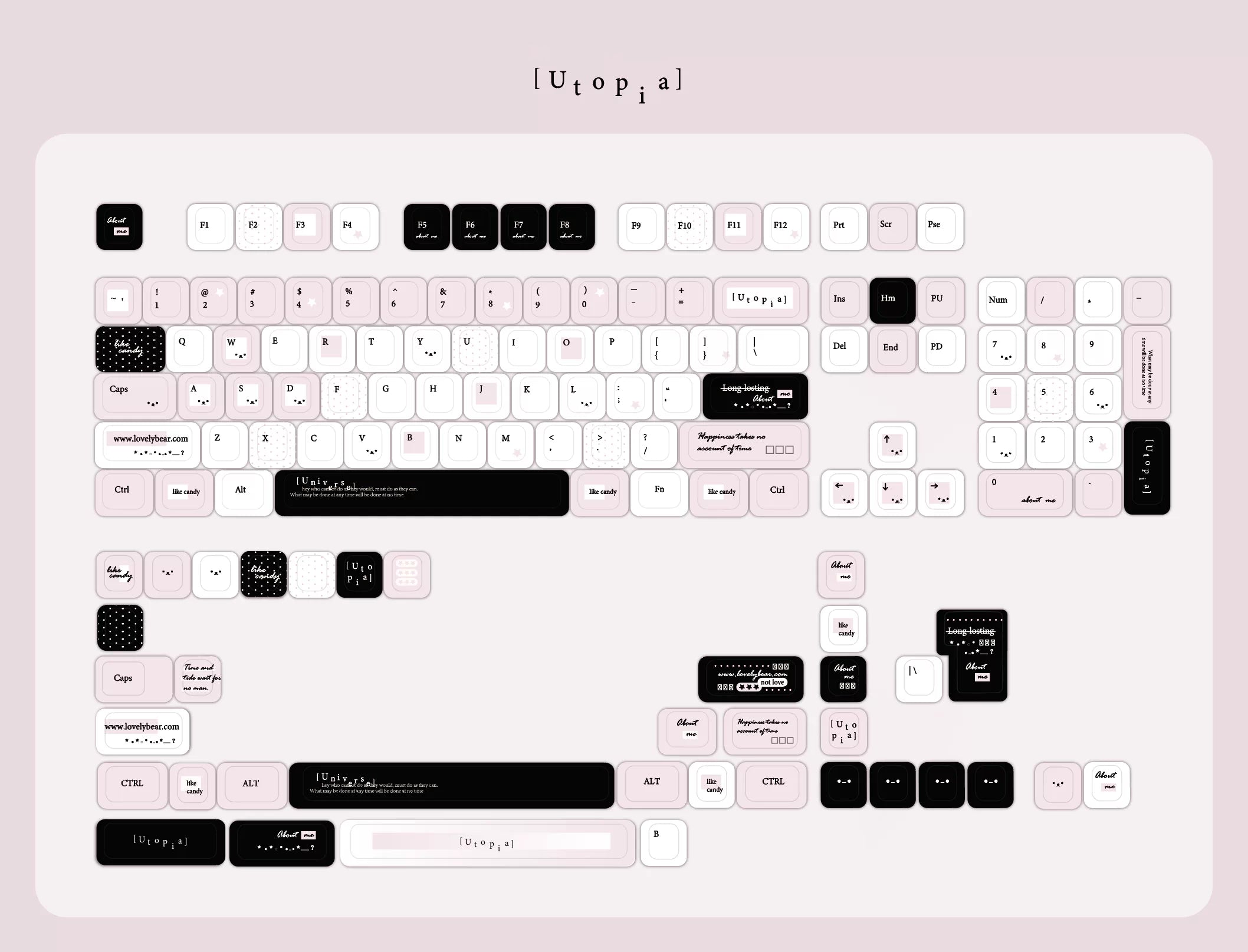 A flat-lay digital mockup of a custom mechanical keyboard keycap set. The keycaps feature a minimalist design with black, white, and pale pink colors, arranged on a matching pale pink background card.