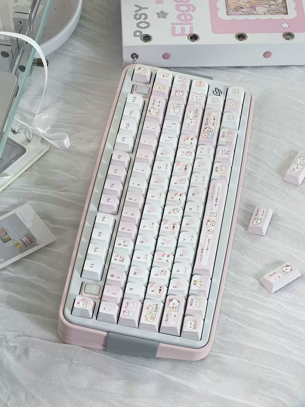 Pink Bunny Chef Keycap Set | Cute Pastel Pink PBT Cherry Profile Keycaps | 131 Keys