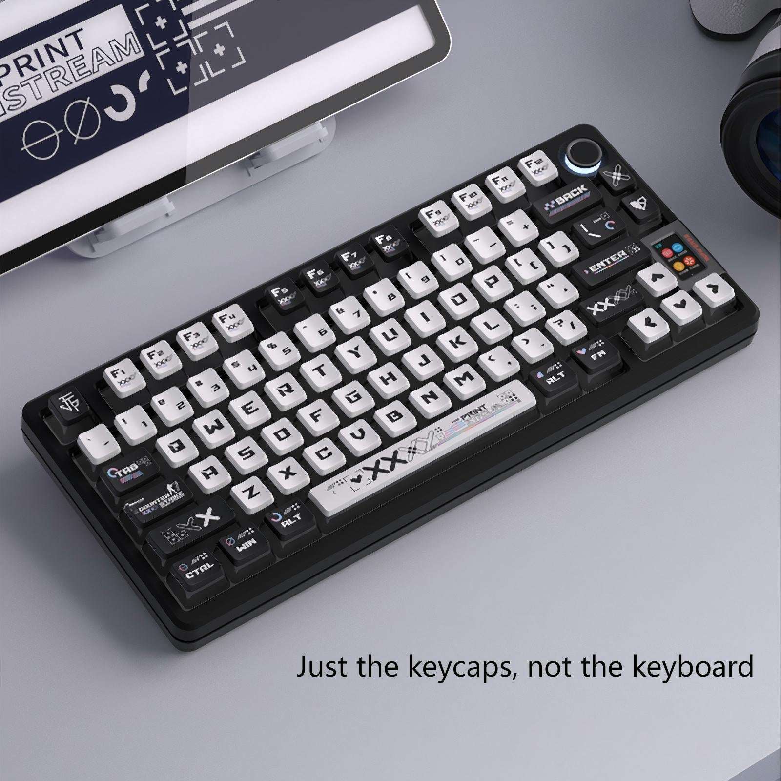 Printstream Collection Keycaps Installed on Mechanical Keyboard – Black and White Design