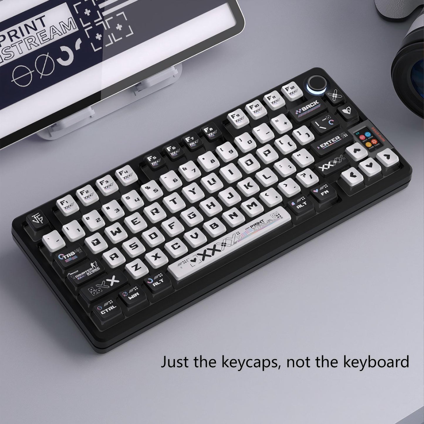 Printstream Collection Keycaps Installed on Mechanical Keyboard – Black and White Design