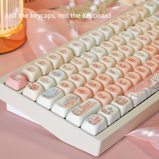Cute Kawaii Pink and Cream Keycaps with Strawberry and Cat Illustrations