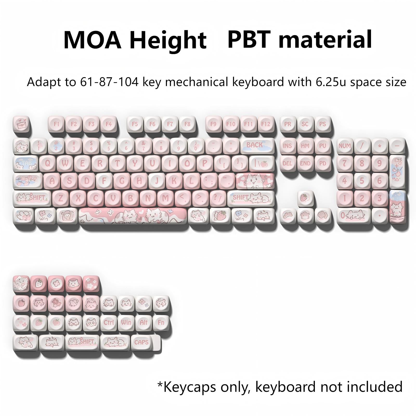 Strawberry Cat Keycaps in MOA Profile – Installed and Extra Keys Displayed