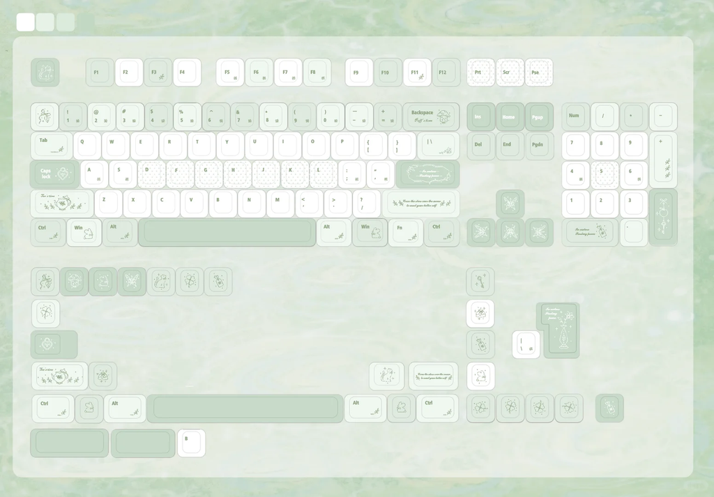 A full keyboard layout with pale mint green and white keys on a matching light green background, showing standard keyboard keys, modifier keys, and a numeric keypad.