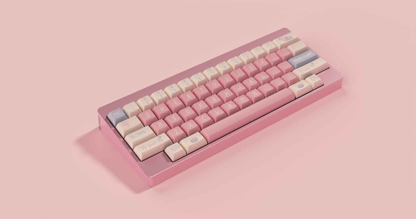 prize claw keycaps on custom keyboard original profile PBT side-printed pink pastel arcade theme setup 2026