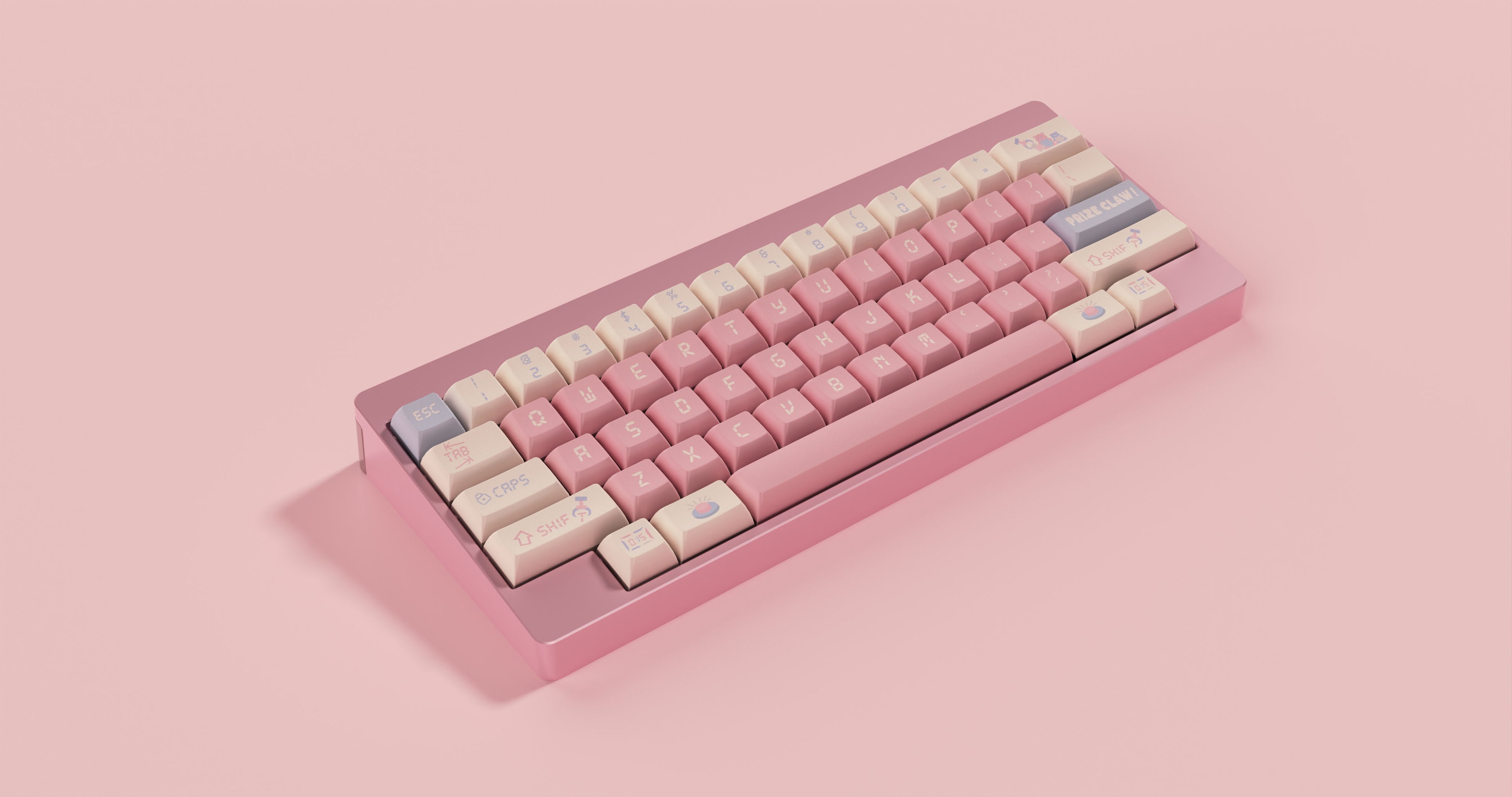 prize claw keycaps on custom keyboard original profile PBT side-printed pink pastel arcade theme setup 2026