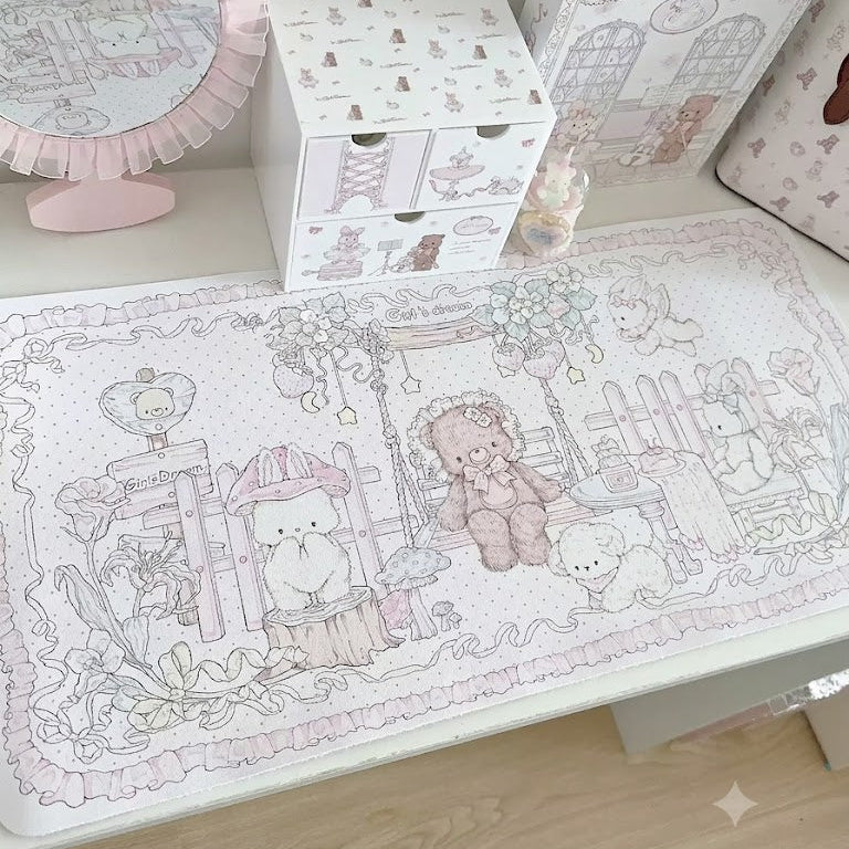 Strawberry Tea Party Desk Mat | Kawaii Lace Mouse Pad PU Leather Waterproof Extra Large Desk Pad for Office & Home