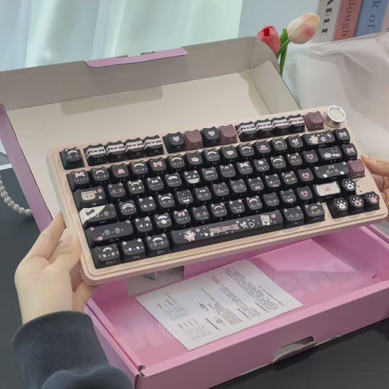 kawaii desk setup with maid cat PBT keycap set
