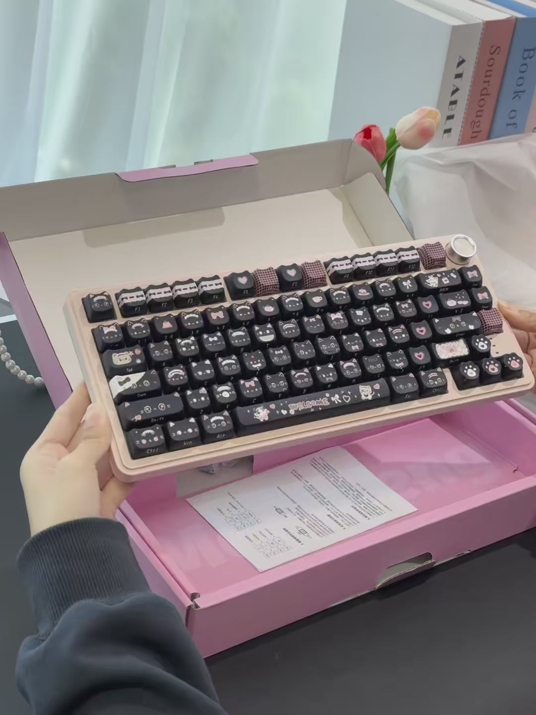 kawaii desk setup with maid cat PBT keycap set