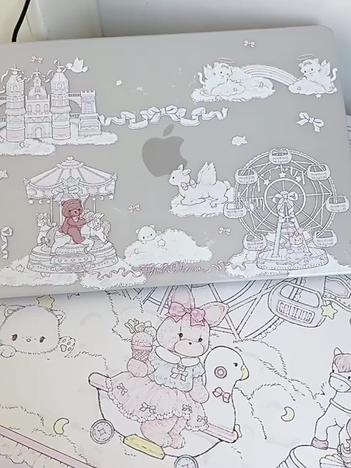 Cloud Carnival Desk Mat & Angel Cat Shaped Mouse Pad | Pastel Carousel PU Leather Waterproof Desk Pad for Office & Home