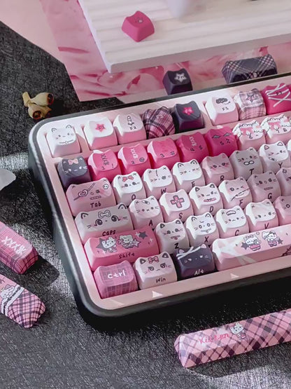 Black Pink Yabi Keycaps Set – MAO / OEM Profile | Cute Cat Mechanical Keyboard Keycaps | Cross-Stem PBT Keycaps for Custom Keyboards