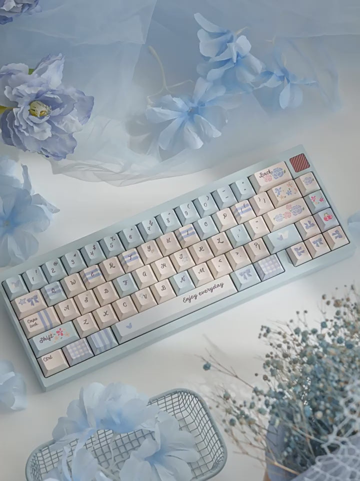 Grid Garden Keycaps Set – Blue & Pink Gingham Floral PBT Dye-Sub, OEM/MOA Profile