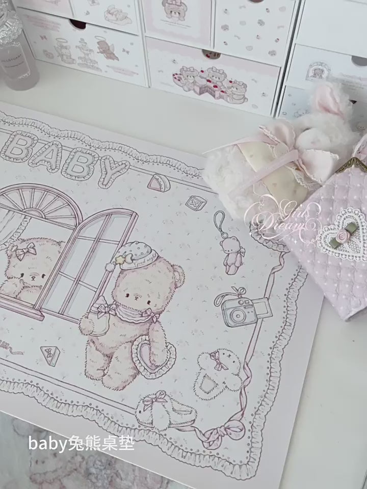 Baby Bunny & Bear Desk Mat | Cute Nursery-Style PU Leather Waterproof Desk Pad for Office & Home